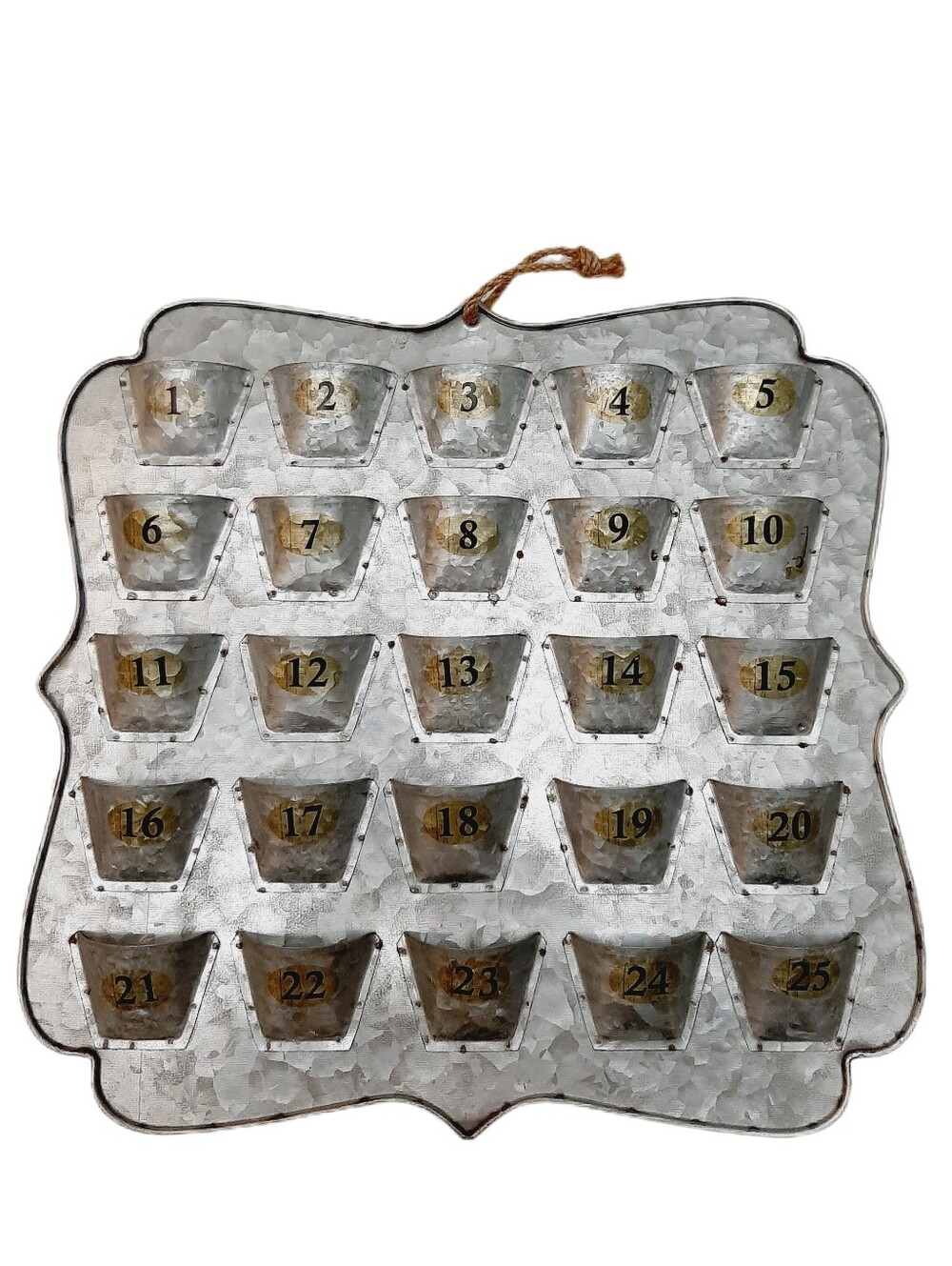 🍒 Galvanized Metal Christmas Advent Calendar with Numbered Pockets Rustic Farm